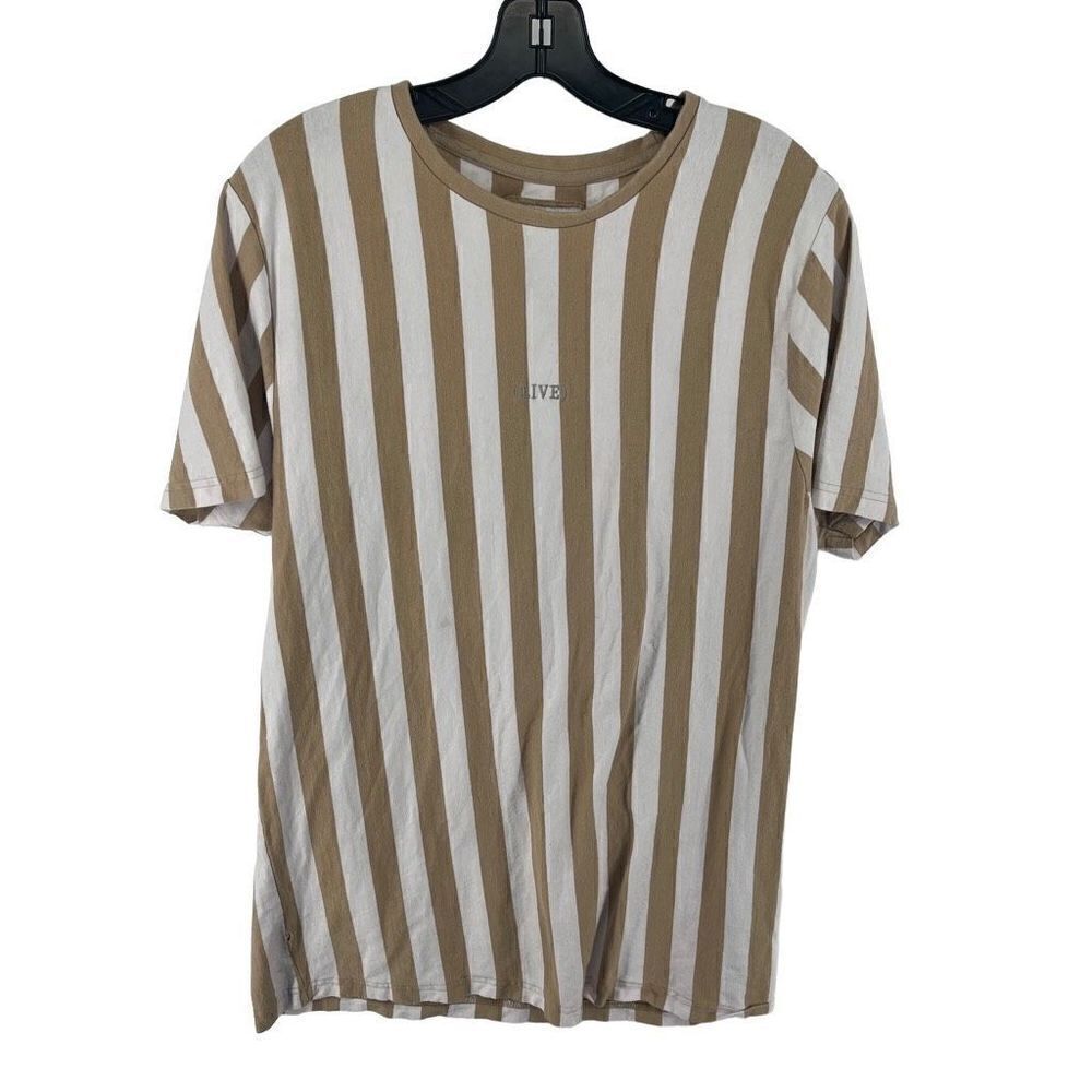 Denim & Flower Men's Cotton T-Shirt Stripes Short Sleeve Crewneck Tan Size XL